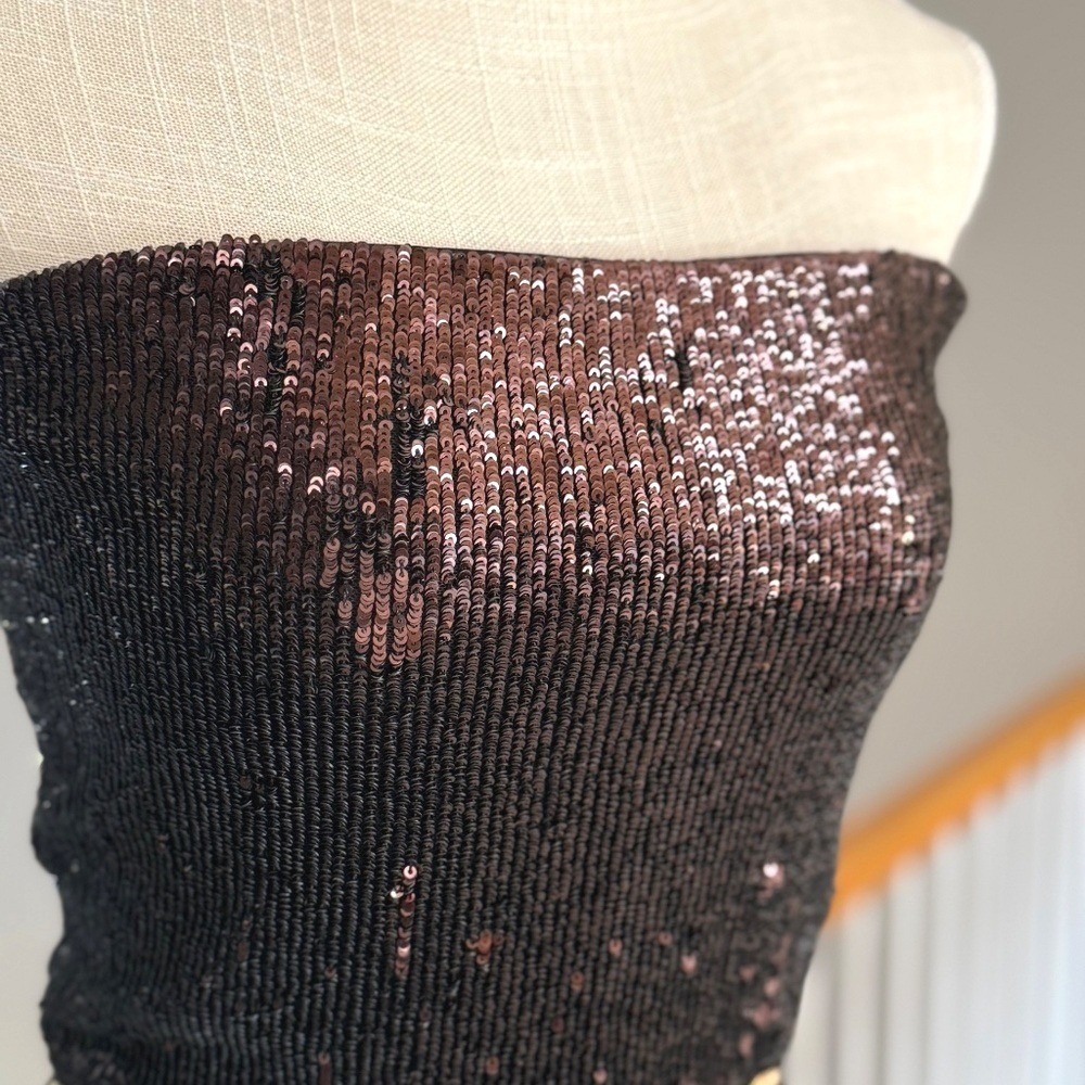 Express Sequin Strapless Straight Leg Jumpsuit Deep Espresso Brown Size M NWT - Picture 4 of 14